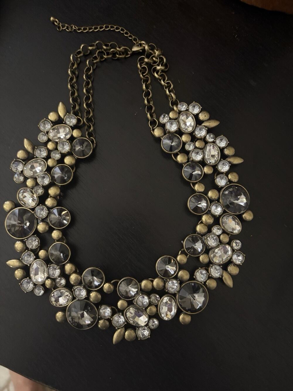 Brulee Style Brass Tone Grey Crystal Rhinestone Necklace VTG Bib Statement 19”
